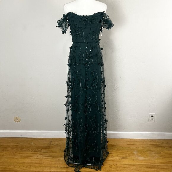 Dessy Collection Size‎ 2 Reg 3D Embroidered Green Off The Shoulder Gown Formal - Picture 1 of 12